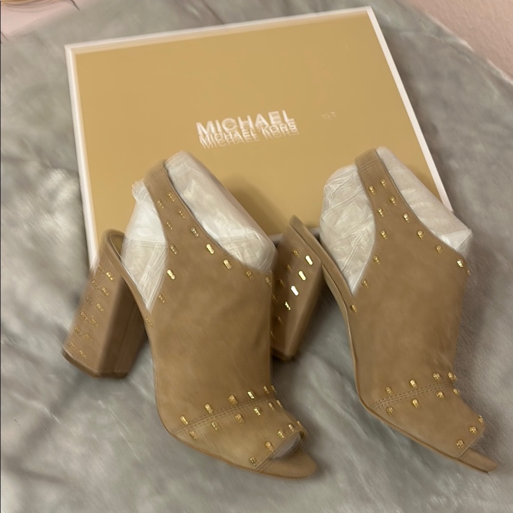 Michael Kors Tan Suede Heels with Gold Studs